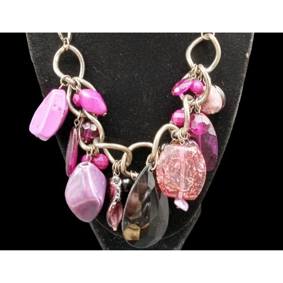 Chunky Statement Necklace Pink Purple Beads Charm Bib Jewelry Y2K Barbiecore - Picture 1 of 15